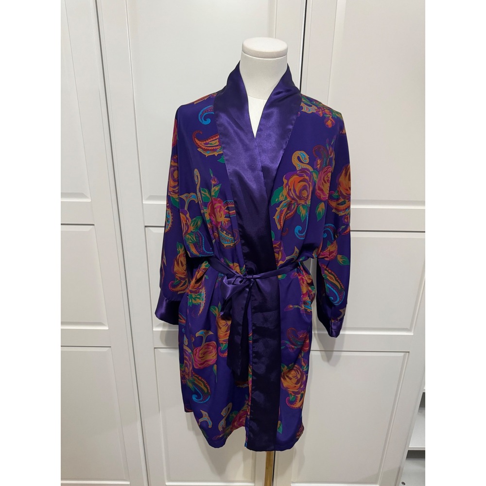 Vintage Victorias Secret Gold Label Purple‎ Floral Paisley Satin Robe OSFA Wrap